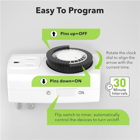 60/U47 Indoor Mini 24-Hour Mechanical Outlet Timer, 3-Prong, 2-Pack - Picture 3 of 7